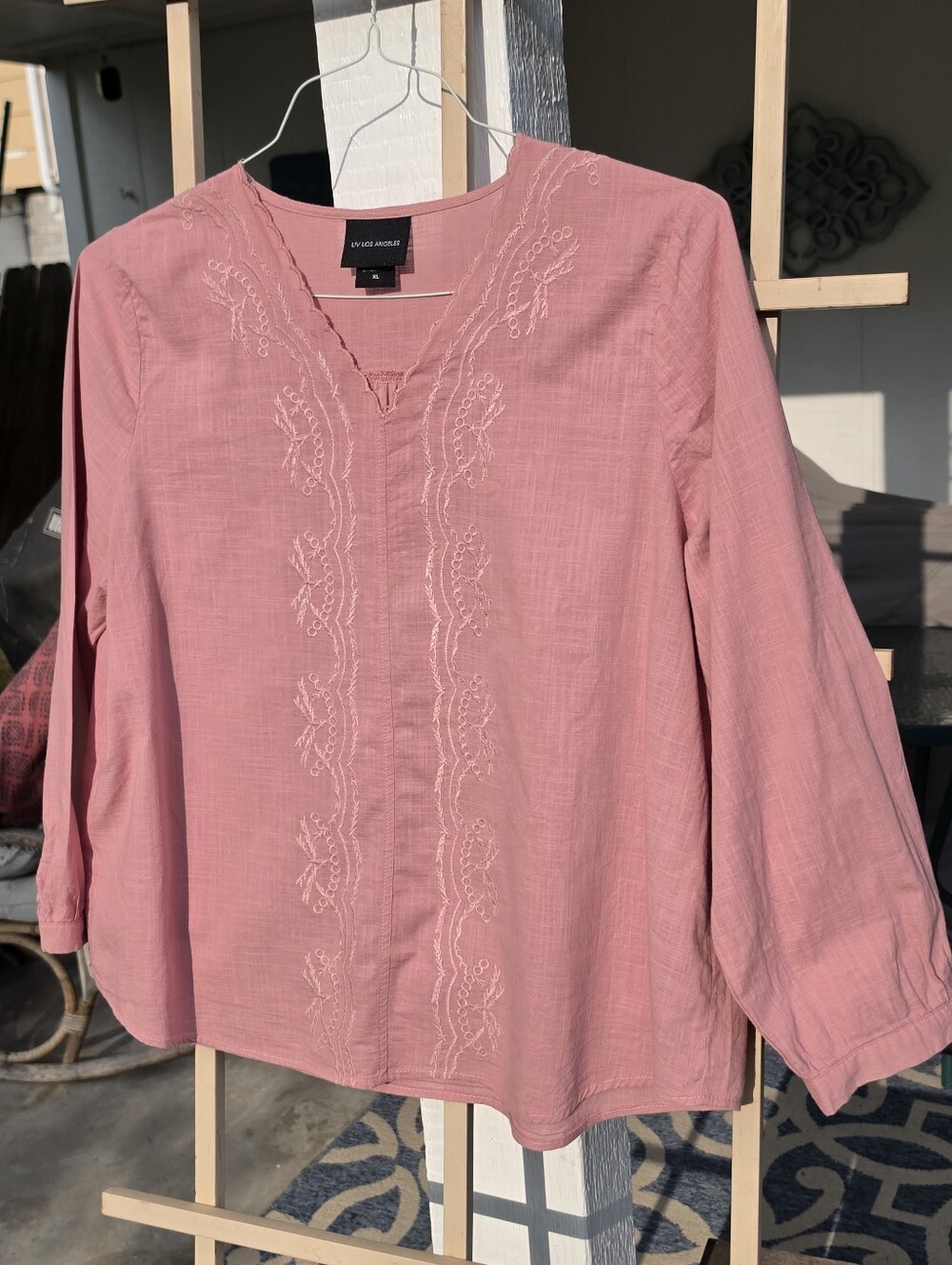 LIV Los Angeles XL Boho Embroidered Cotton Long Sleeve Blouse Top